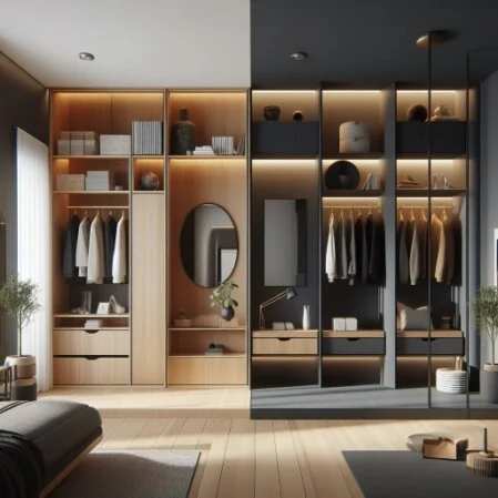 armadio moderno in legno chiaro e scuro